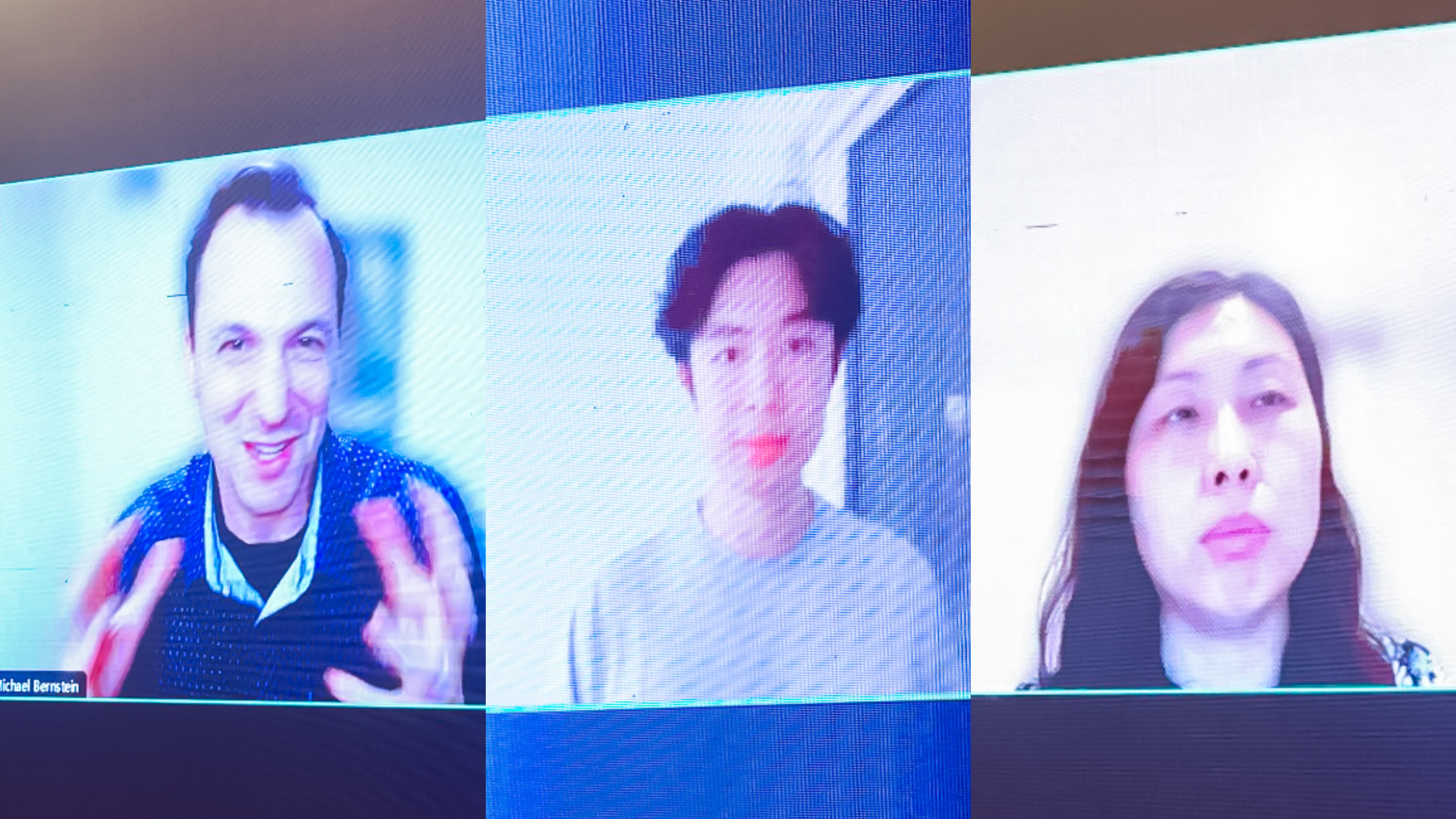 20230910-赢博手机版app计算机系与人工智能研究院基础模型研究中心联合举办首届基础大模型研讨会-嘉艺-Michael Bernstein(左)、Jason Wei(中)、Yan Liu(右)在线上作报告.jpg